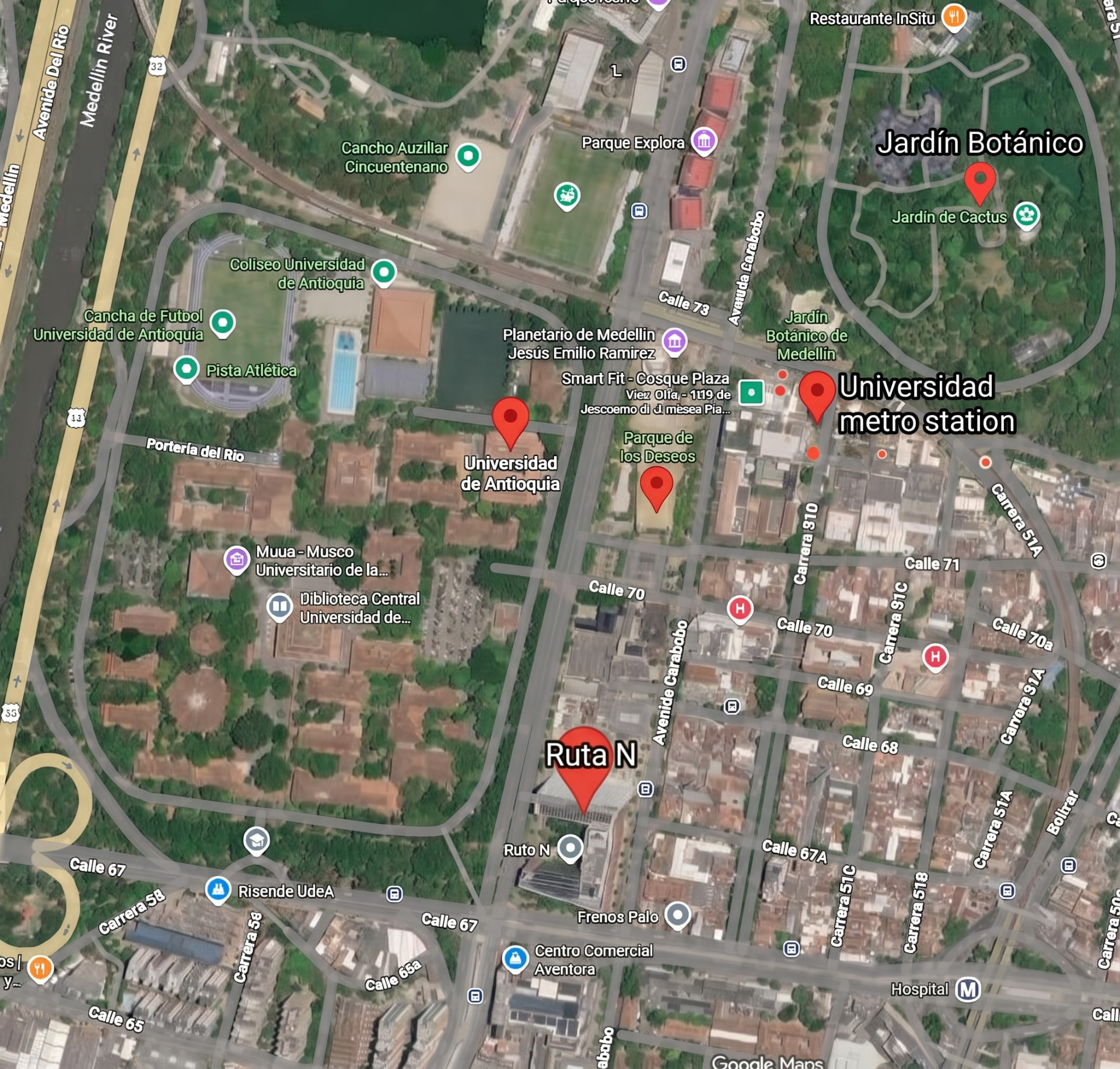Mapa satelital con la ubicación de Ruta N en Medellín