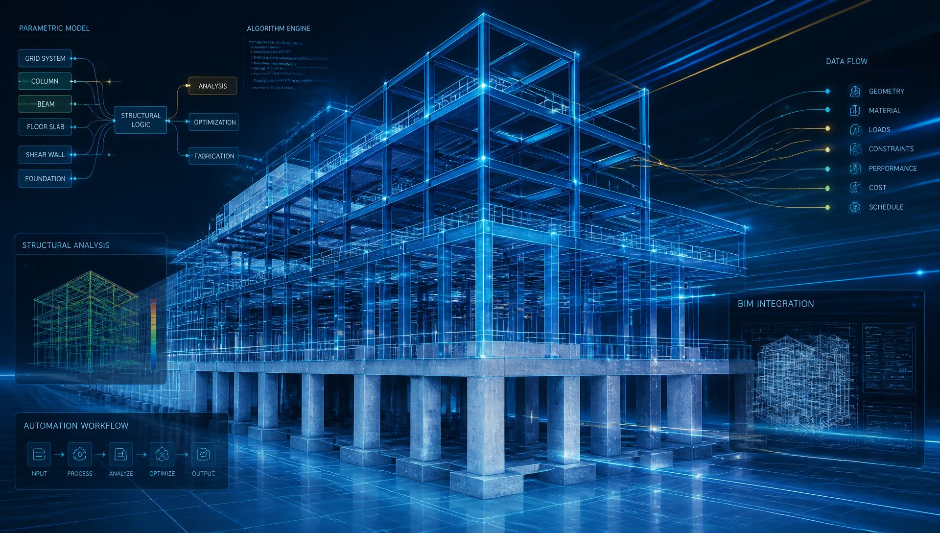 Modelo estructural paramétrico con flujos de automatización, análisis algorítmico e integración BIM